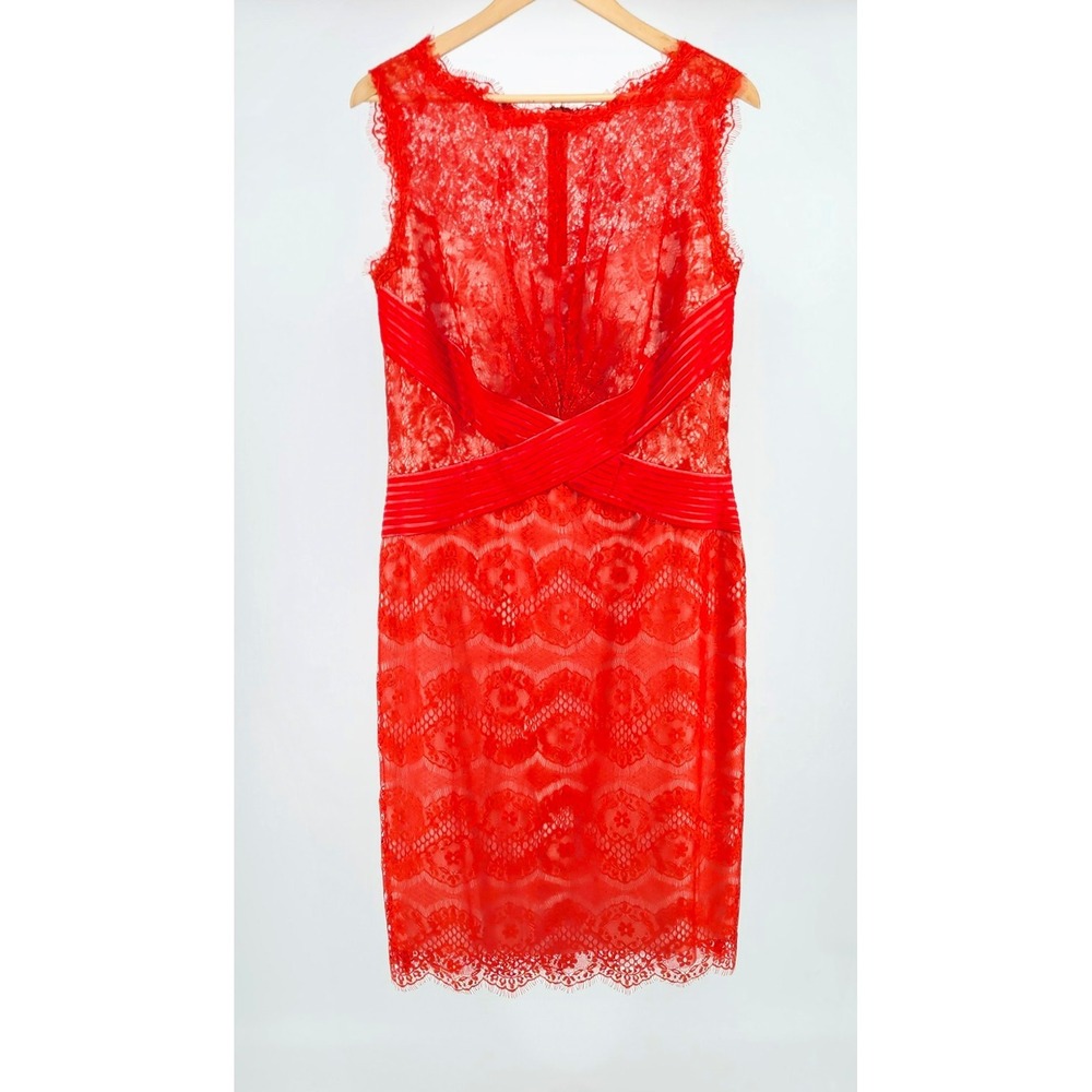 Tadashi Shoji Coral Lace Sheath Dress Crisscross Waist Cocktail Size 14